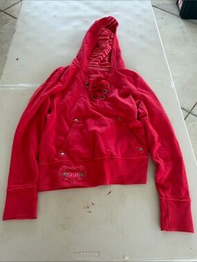 EDC Y2K Lace-Up Hooded Pullover with Stripe-Lined Hood